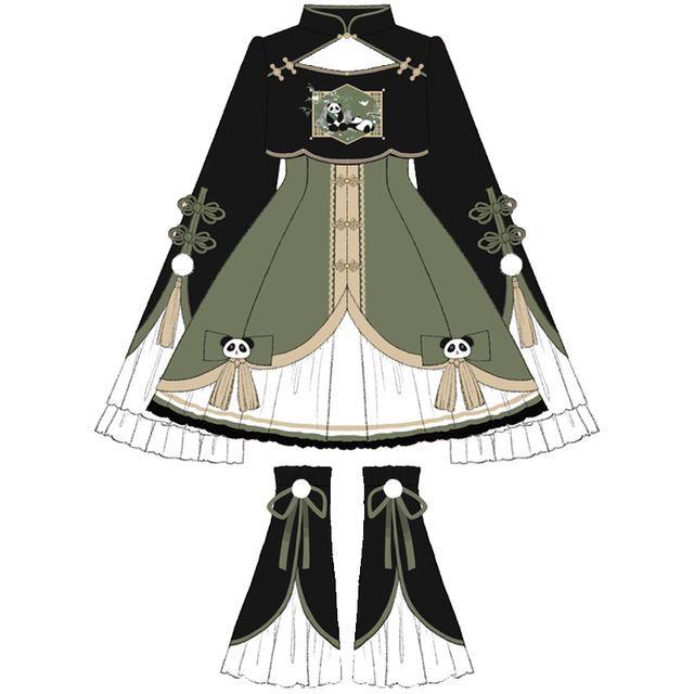Kurze Lolita-Bluse mit ausgestellten Ärmeln und Panda-Stickerei / zweifarbiges Trägerkleid mit Schleife / Beinstulpen mit Rüschen / Set