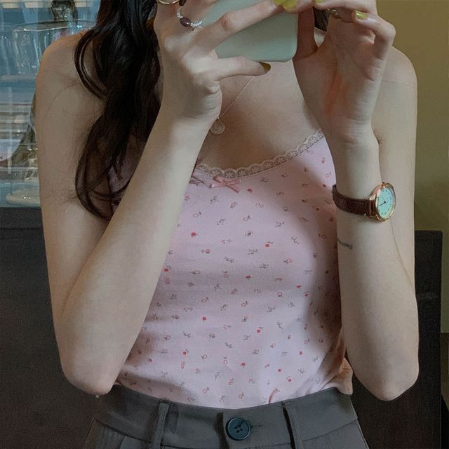 Floral Print Lace Trim Crop Camisole Top