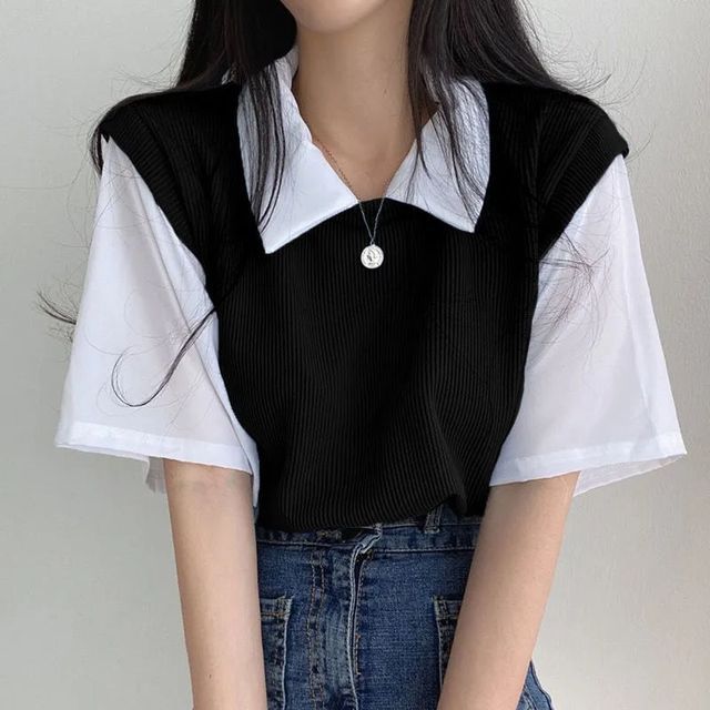 Short-Sleeve Collared Mock Two Piece T-Shirt