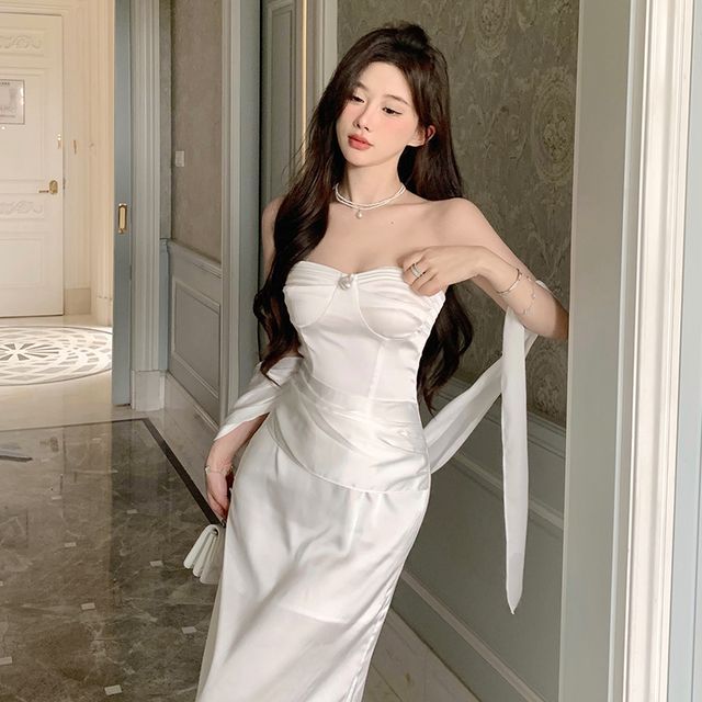 Bodycon Strapless Shirred Plain Evening Gown