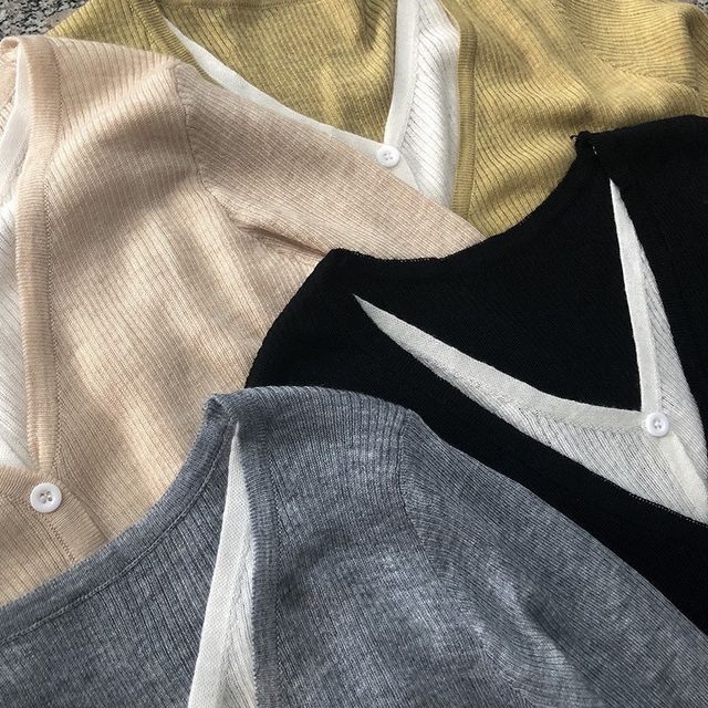 Knit Button-Up V-Neck Mock Top Two-Piece Long-Sleeve Two Tone