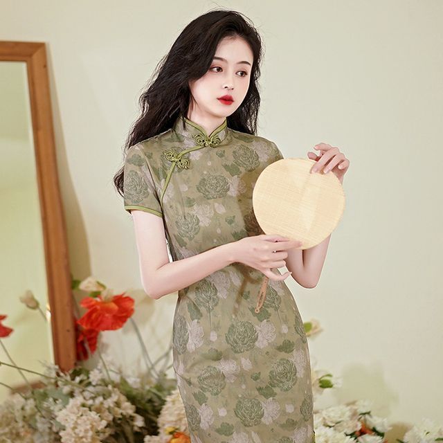 Short-Sleeve Floral Mini Qipao