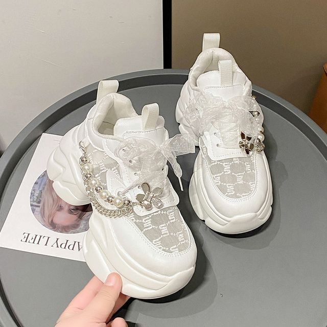 Pattered Faux Pearl Lace Panel Platform Lace-Up Sneakers