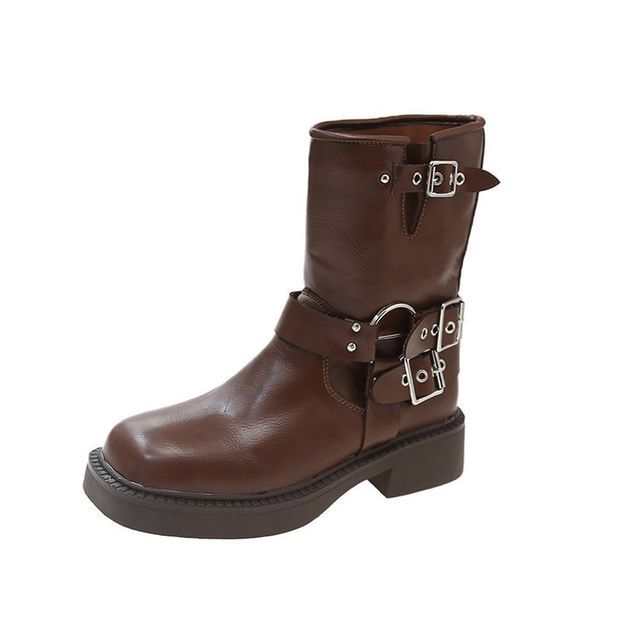 Short Boots Heel Buckled Chunky