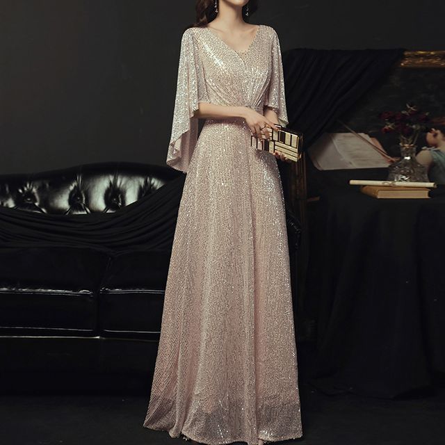 Elbow-Sleeve V-Neck Sequined Belted A-Line Evening Gown