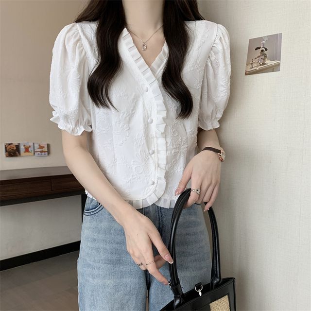Short-Sleeve V-Neck Frill Jacquard Blouse
