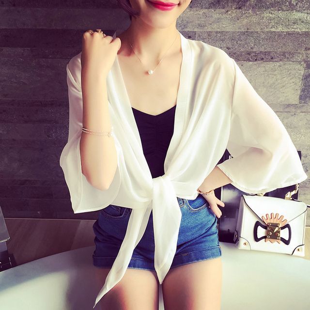 Elbow-Sleeve Plain Chiffon Crop Tie Front Jacket