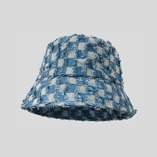 Fringed Checker Denim Bucket Hat