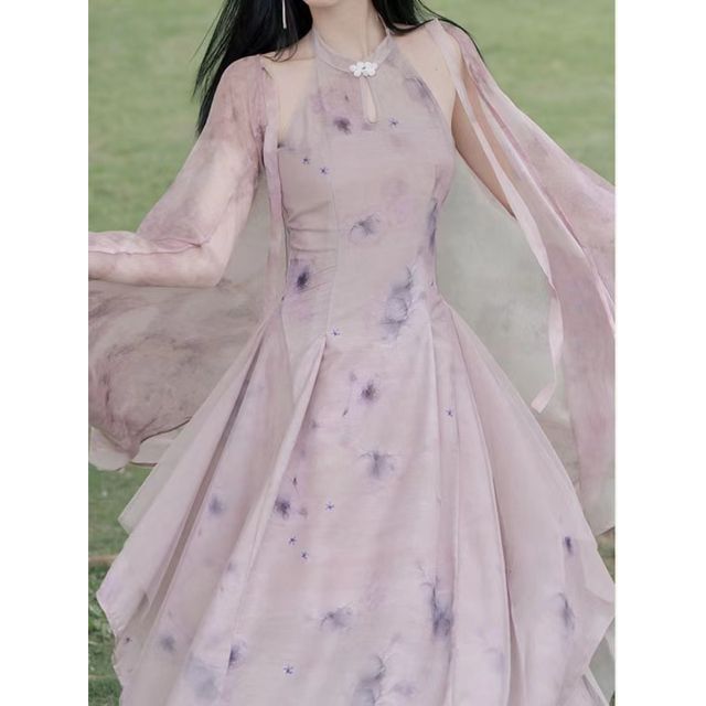 Sleeveless Halter Floral Cutout Midi A-Line Qipao / Light Jacket / Set