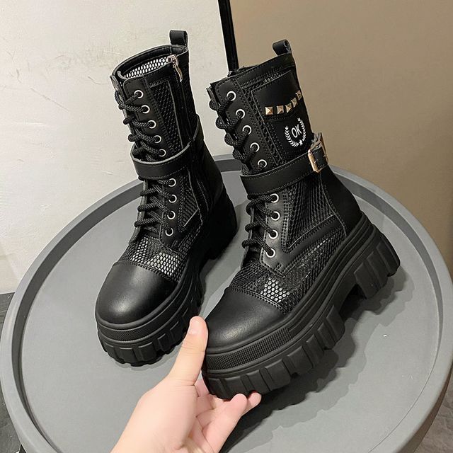 Lace-Up Studded Mesh Panel Platform Short Boots