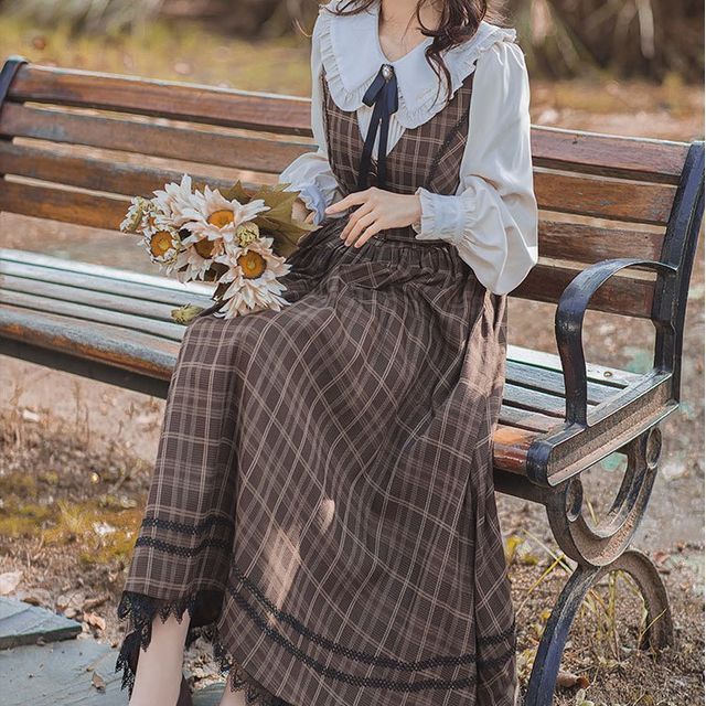 Long-Sleeve Plain Blouse / Sleeveless Plaid Midi A-Line Dress / Tie / Set