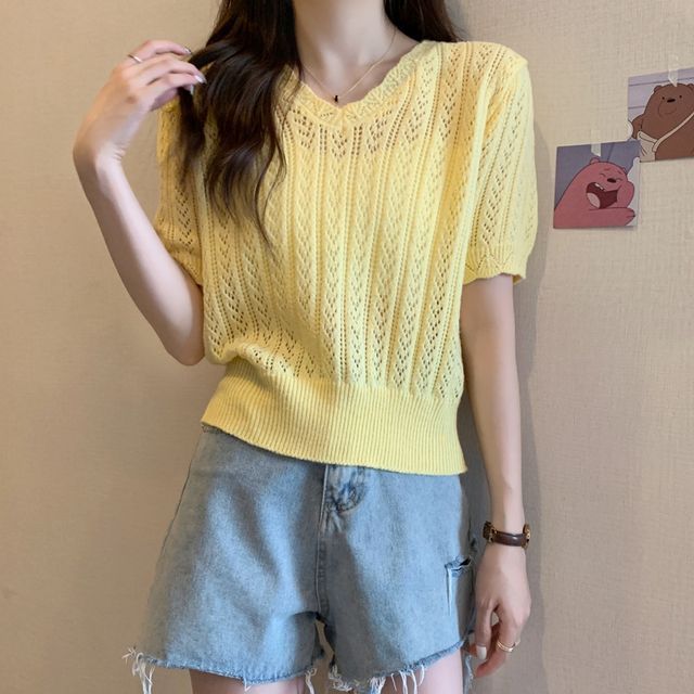 Top Crochet V-Neck Knit Short-Sleeve