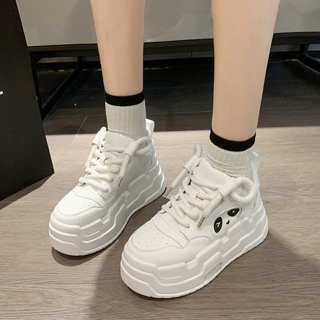 Panda Applique Platform Lace-Up Sneakers