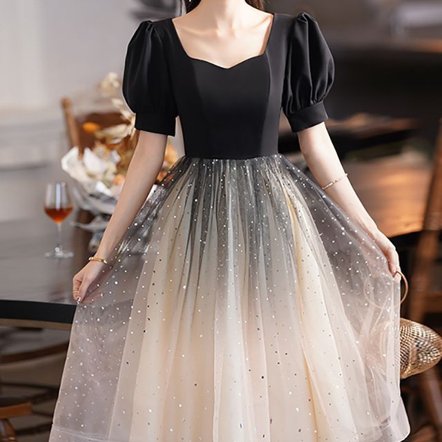 A-Line Gown Cocktail Two Sequin Dress / Puff-Sleeve Evening Tone