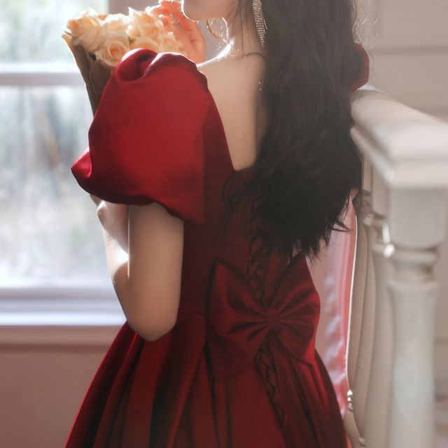 Designs) Gown Puff-Sleeve Evening Square-Neck Plain (Various A-Line