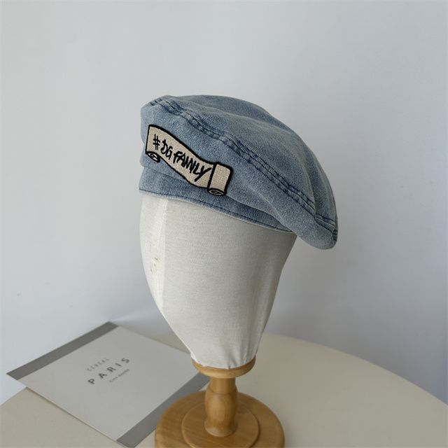 Embroidered Denim Lettering Hat Beret