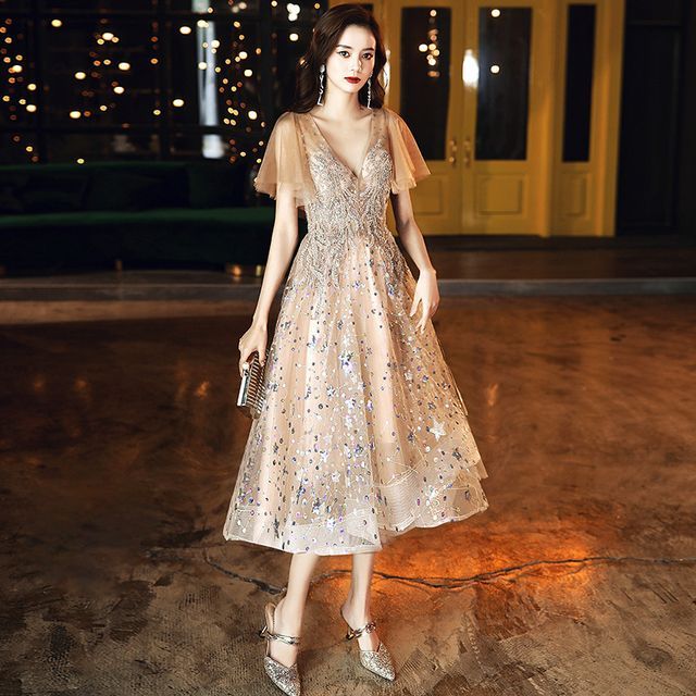 Short-Sleeve V-Neck Sequined A-Line Cocktail Dress (Various Designs)