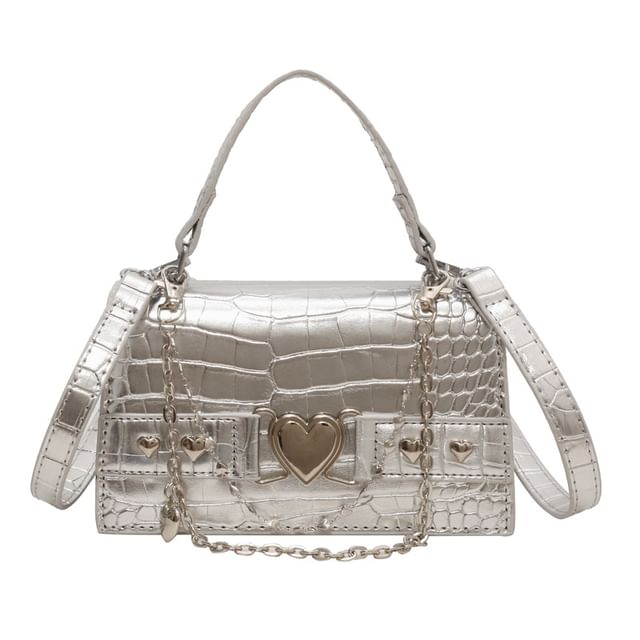 Croc Grain Heart Buckled Flap Crossbody Bag
