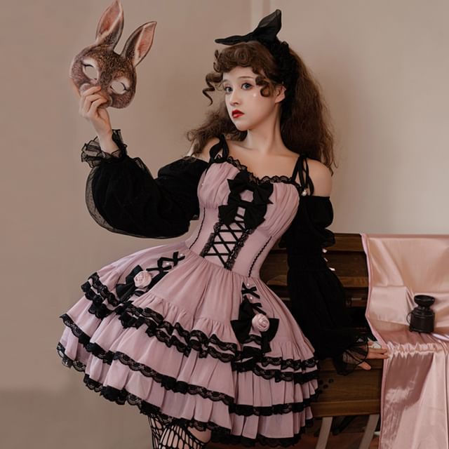 Lolita Langärmliges Minikleid in A-Linie mit quadratischem Ausschnitt und Spitzenbesatz / Krinoline / Set