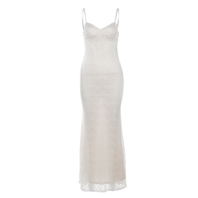 Lace V-Neck Sheath Maxi Dress with Thin Straps