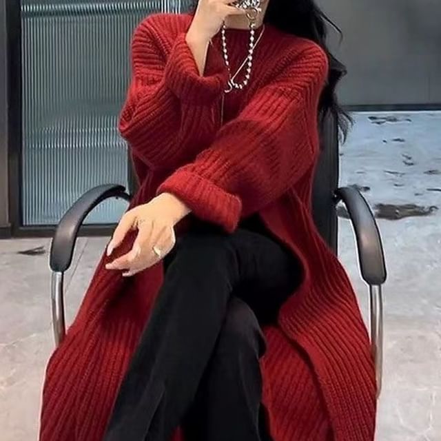 Crew Neck Plain Slit Midi Sweater Dress