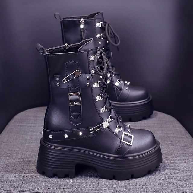 Faux Leather Platform Chunky Heel Buckled Lace-Up Short Boots