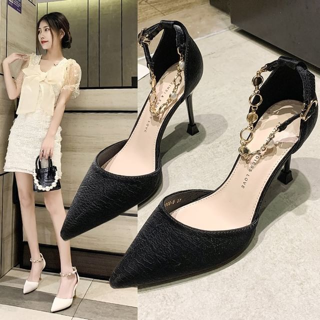 Pointed Toe Faux Pearl Ankle Strap D'Orsay Pumps