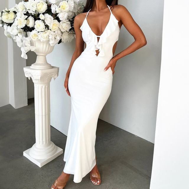 Halter Ruffle Maxi Sheath Gown
