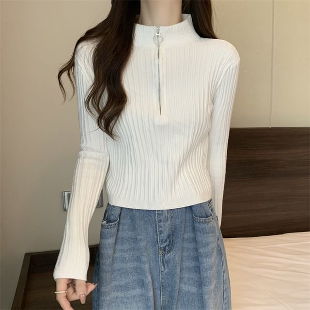Plain Half Knit Mock-Neck Slim-Fit Long-Sleeve Top Zip