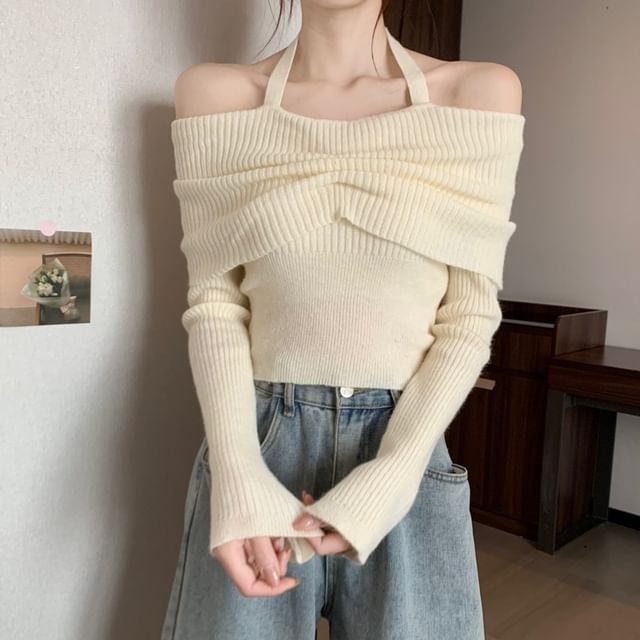 Sweater Long-Sleeve Halter Off-Shoulder