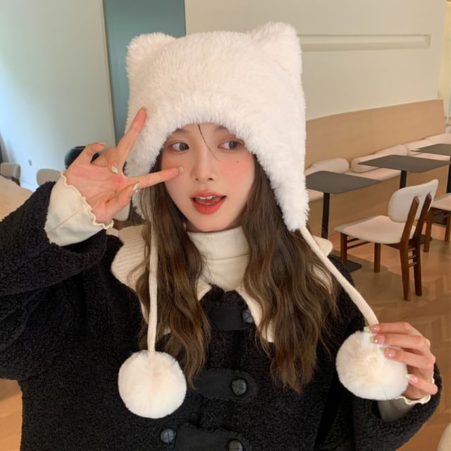 Bear Ear Pom Pom Chenille Hat
