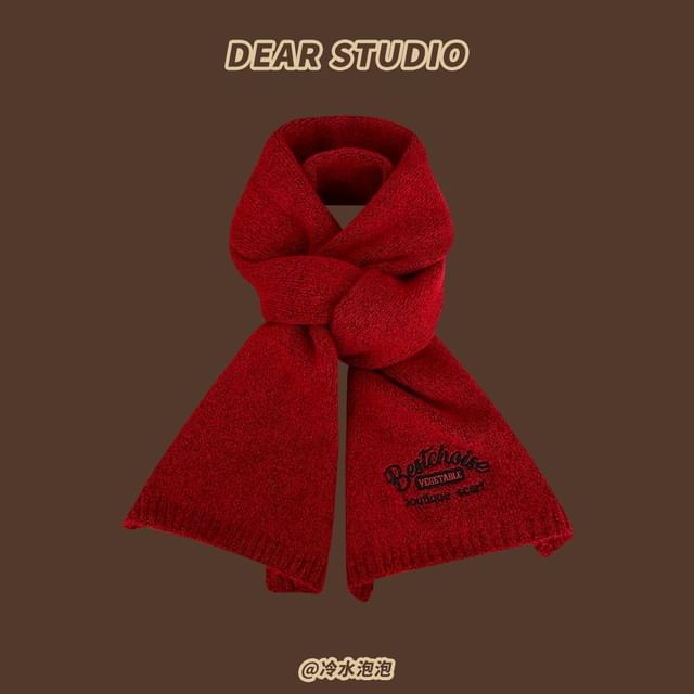 Embroidered Lettering Knit Scarf