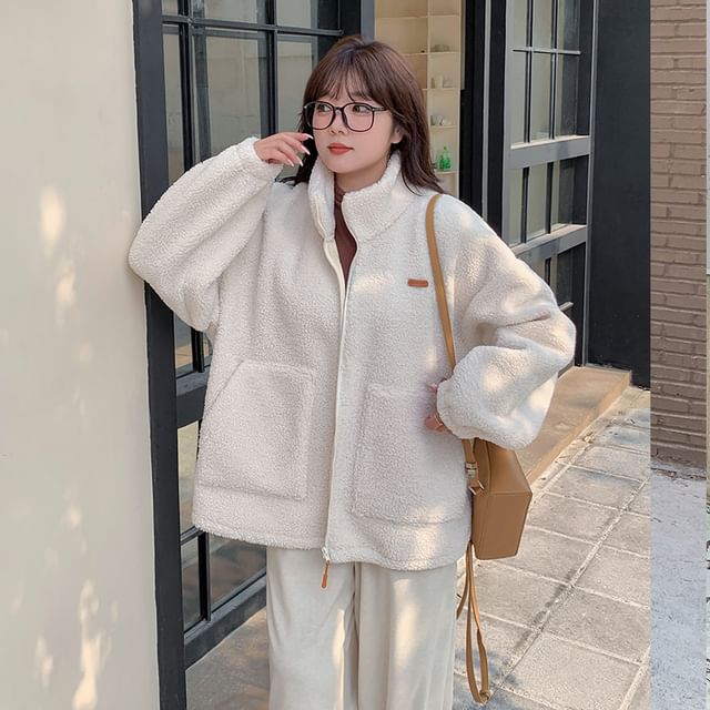 Stand Collar Applique Fleece Zip Jacket