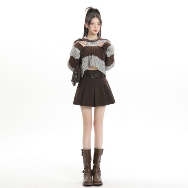 High-Rise Solid Pleated Mini A-Line Skirt