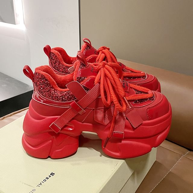 Platform Chunky Heel Sequined Sneakers