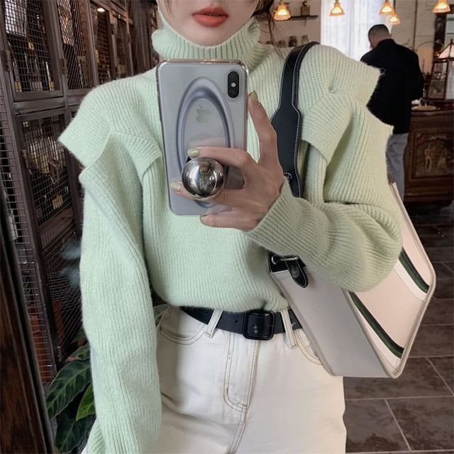 Turtleneck Loose-Fit Plain Sweater Cold-Shoulder