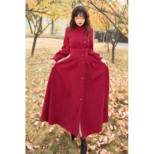 Puff-Sleeve High Neck Plain Ruffled Button-Up Midi A-Line Dress