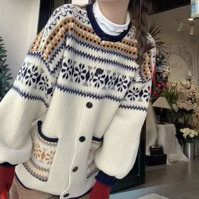 Crewneck Pattern Button-Up Cardigan