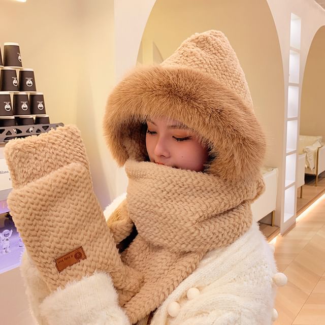 Chenille Hooded Scarf with Mittens
