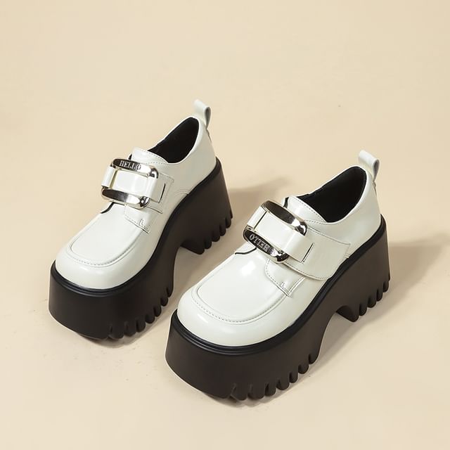 Platform Adhesive Strap Buckled Patent Leather Loafers