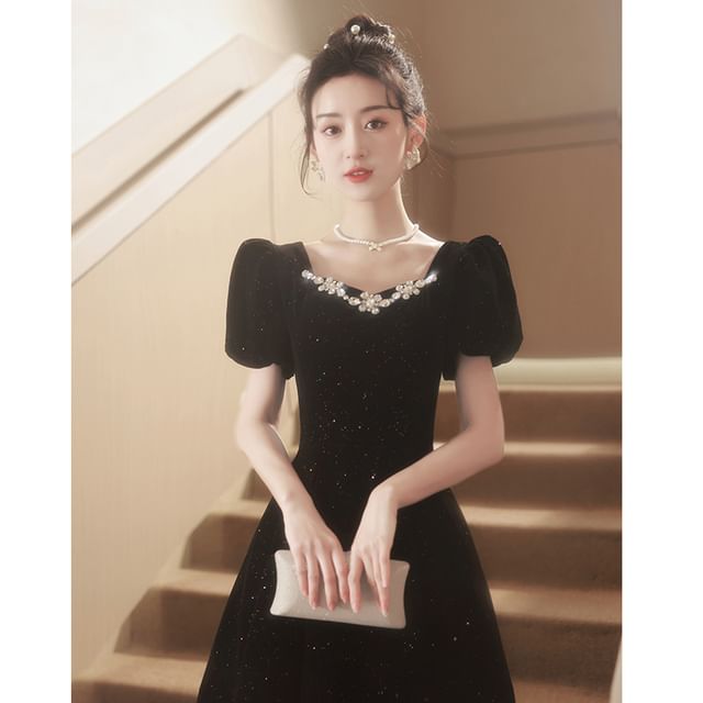 Puff-Sleeve Rhinestone Glitter Bow Back A-Line Velvet Evening Gown (Various Designs)