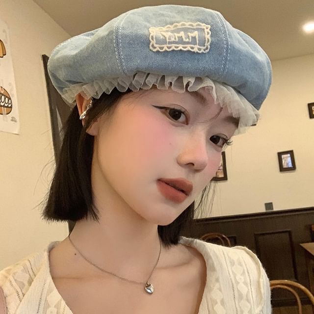 Lettering Applique Mesh Panel Denim Beret