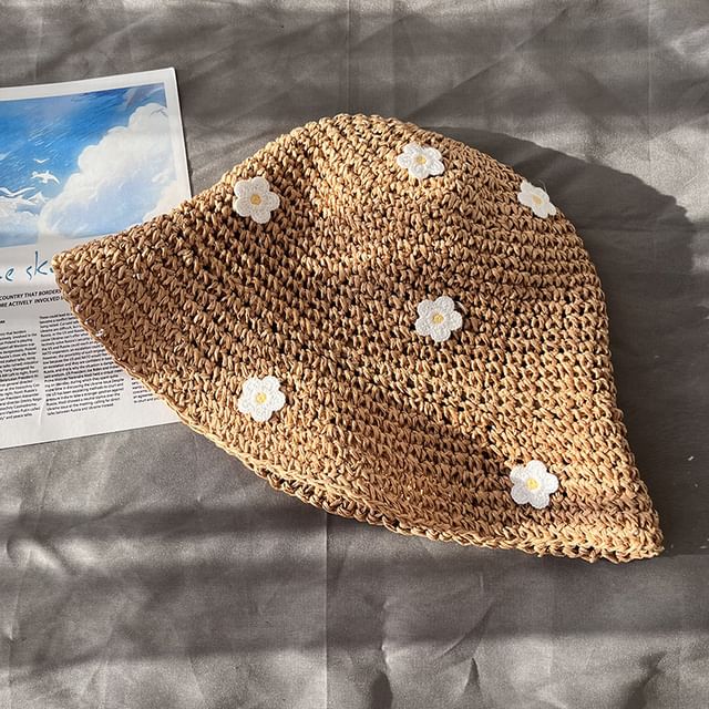 Floral Accent Straw Bucket Hat