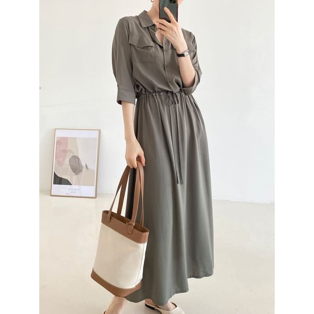 Long-Sleeve Collared Drawstring Waist A-Line Shirt Dress