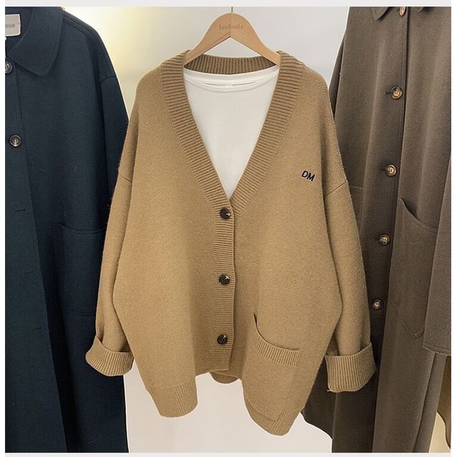 Embroidered Cardigan Letter Button-Up V-Neck