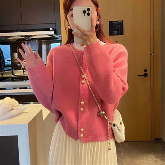 Cardigan Faux Plain Pearl Buttoned