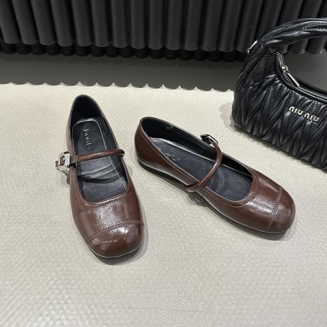 Plain Buckled Faux Leather Mary Jane Flats