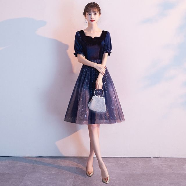 A-Line Dress Cocktail Evening Mesh Gradient Panel Velvet Gown /