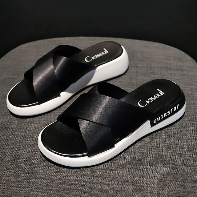 Lettering Wedge Heel Slide Sandals