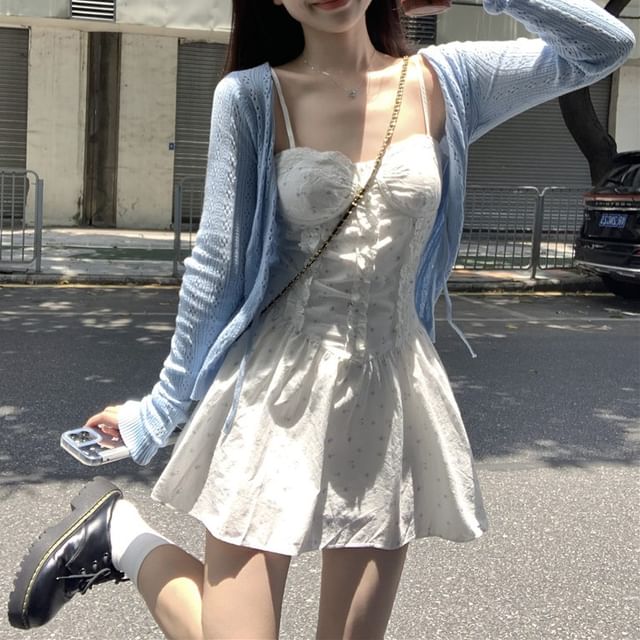 Spaghetti Strap Floral Print Ruffle Mini A-Line Dress / Plain Pointelle Cardigan